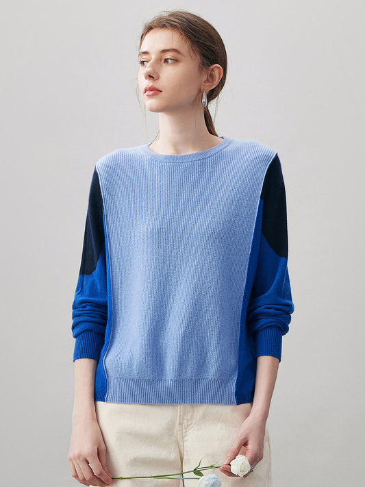 COMOBOCA Blue 100% Cashmere Women's Color Block Round Neck Knit Sweater