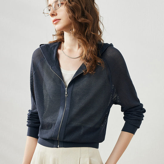 COMOBOCA Charcoal Women's Ribbed Mesh Zip-Up Hoodie