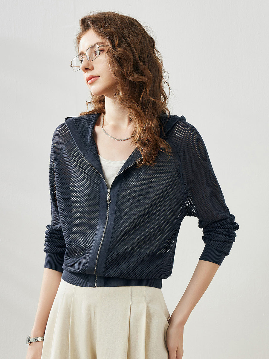 COMOBOCA Charcoal Women's Ribbed Mesh Zip-Up Hoodie