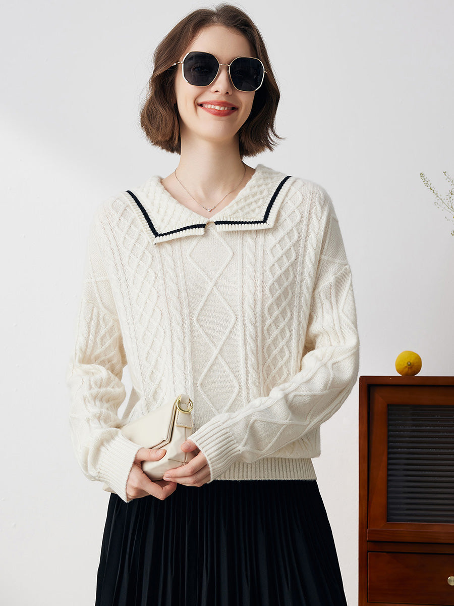 COMOBOCA 100% Cashmere Women's Sailor Collar Cable Knit Sweater