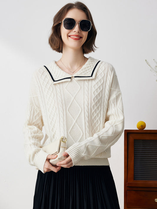 COMOBOCA 100% Cashmere Women's Sailor Collar Cable Knit Sweater