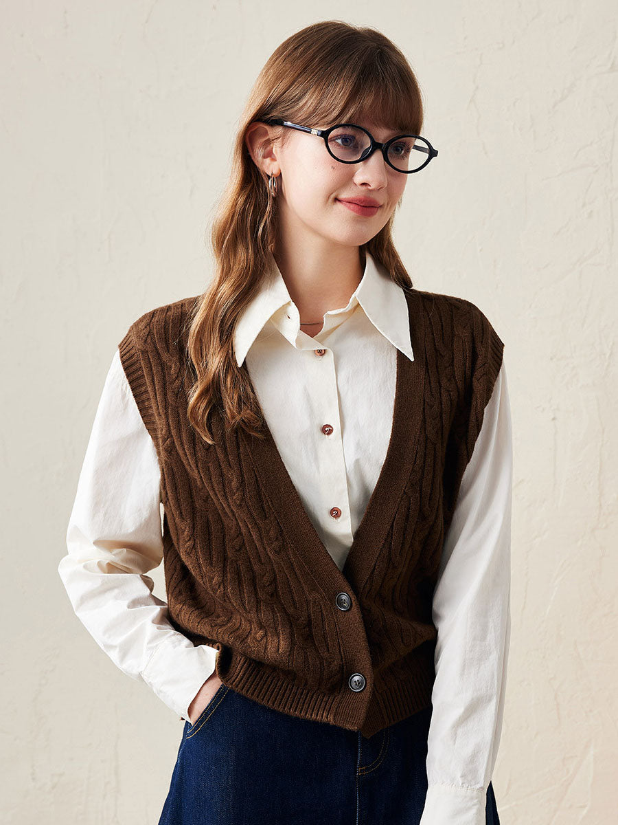 COMOBOCA Coffee 100% Wool Women's Cable Knit Button-Front Vest