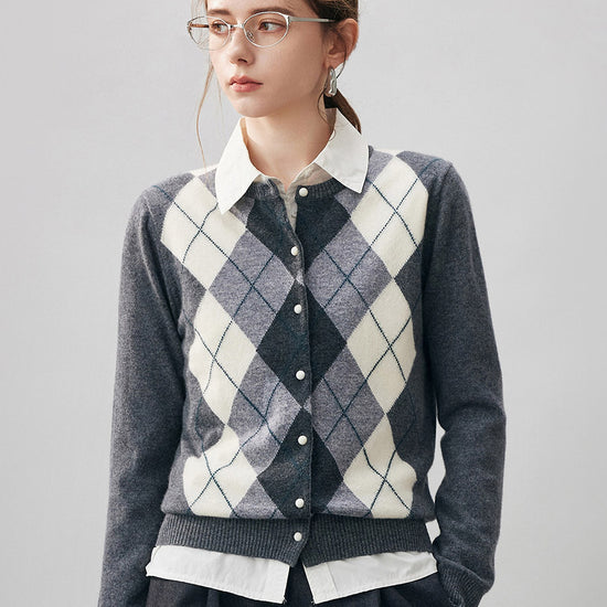 COMOBOCA Charcoal 100% Cashmere Women's Argyle Pattern Cardigan