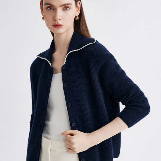 COMOBOCA 100% Cashmere Women's Contrast Trimmed Collared Knit Cardigan