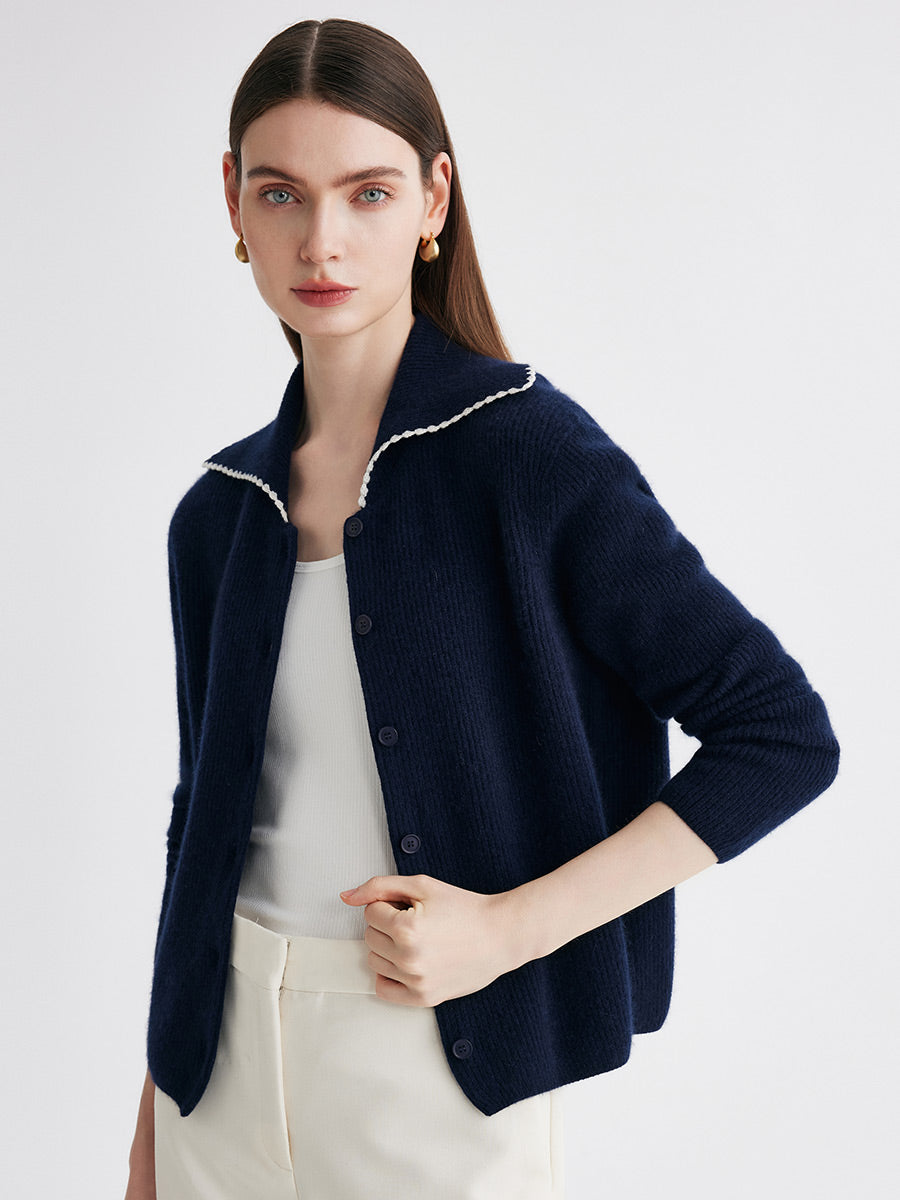 COMOBOCA 100% Cashmere Women's Contrast Trimmed Collared Knit Cardigan