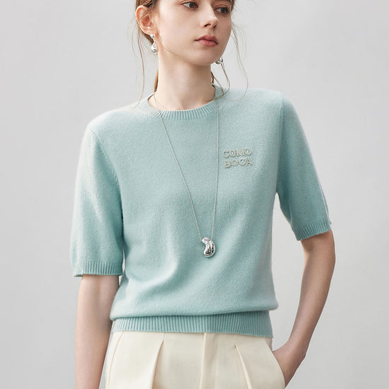 COMOBOCA Moonlight Green 100% Cashmere Women's Embroidered Logo Short Sleeve Sweater