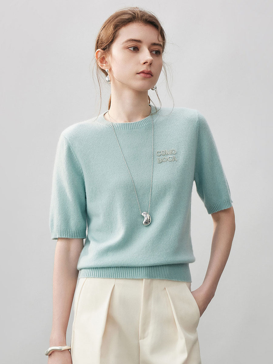 COMOBOCA Moonlight Green 100% Cashmere Women's Embroidered Logo Short Sleeve Sweater