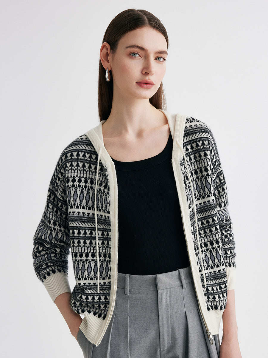 COMOBOCA 100% Cashmere Women's Fair Isle Double Zip Hoodie