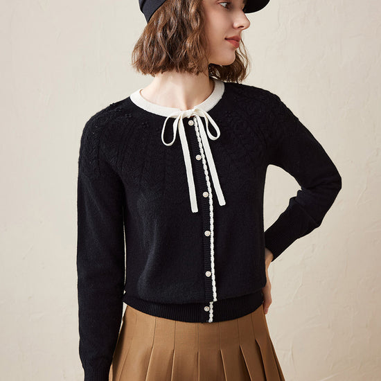 COMOBOCA Black 100% Cashmere Women's Faux Cardigan Sweater with Bow Tie