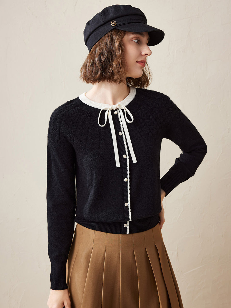 COMOBOCA Black 100% Cashmere Women's Faux Cardigan Sweater with Bow Tie