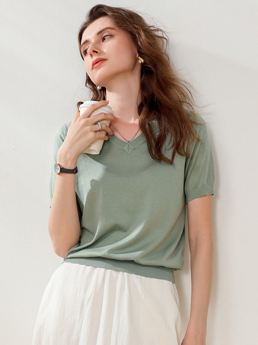 COMOBOCA Light Green Women's V-Neck Knit T-Shirt
