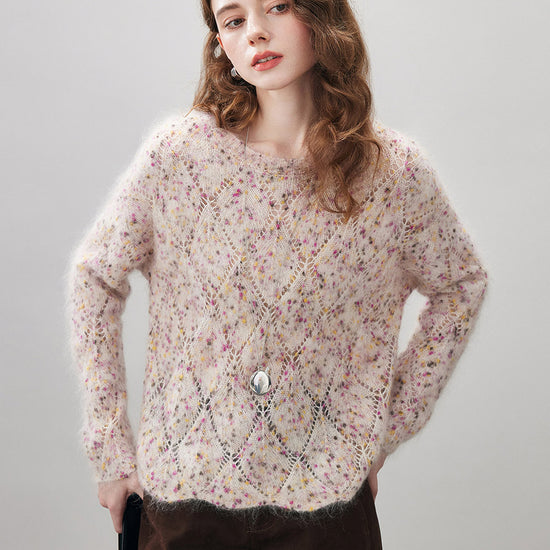 COMOBOCA Beige Women's Speckled Lace Knit Round Neck Sweater