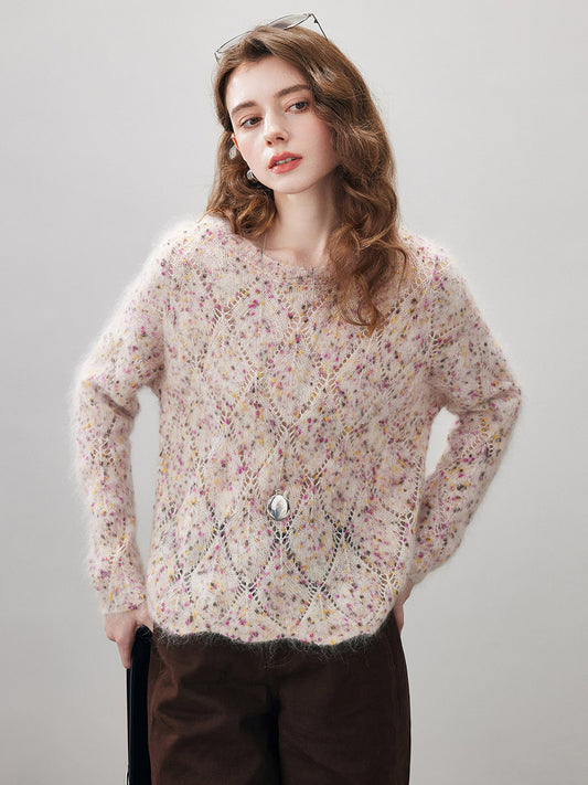 COMOBOCA Beige Women's Speckled Lace Knit Round Neck Sweater