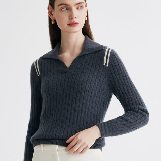 COMOBOCA 100% Cashmere Women's Cable Knit Polo Neck Sweater