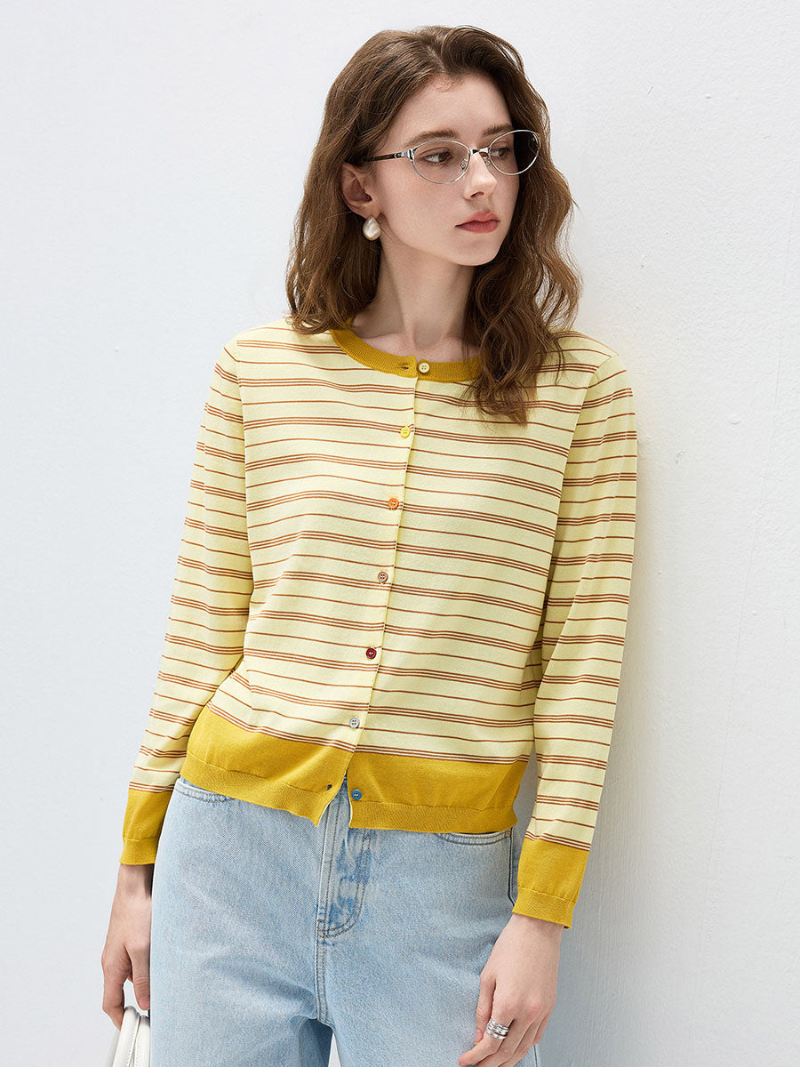 COMOBOCA Women's Striped Color Block Button Front Cardigan