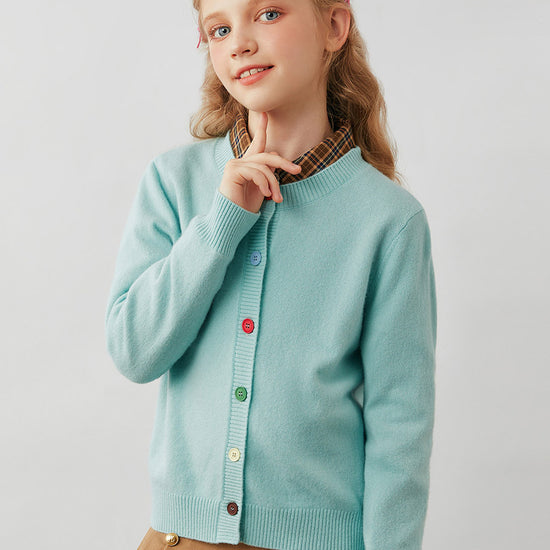 COMOBOCA 100% Wool Kids' Colorful Buttons Round Neck Cardigan