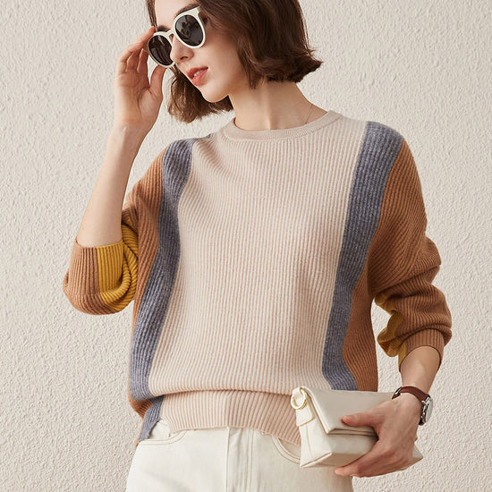 COMOBOCA Beige 100% Cashmere Women's Crew Neck Fish Scale Inlay Sweater