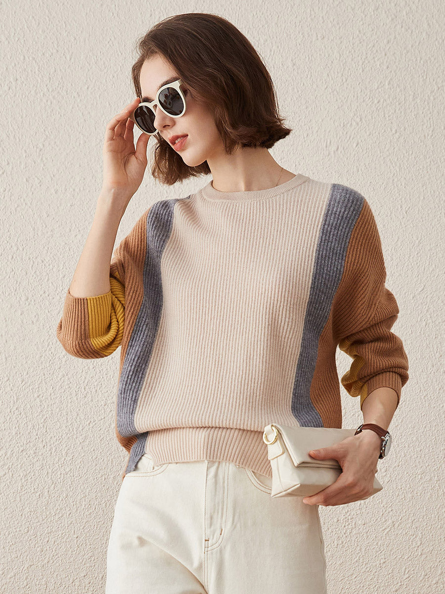 COMOBOCA Beige 100% Cashmere Women's Crew Neck Fish Scale Inlay Sweater