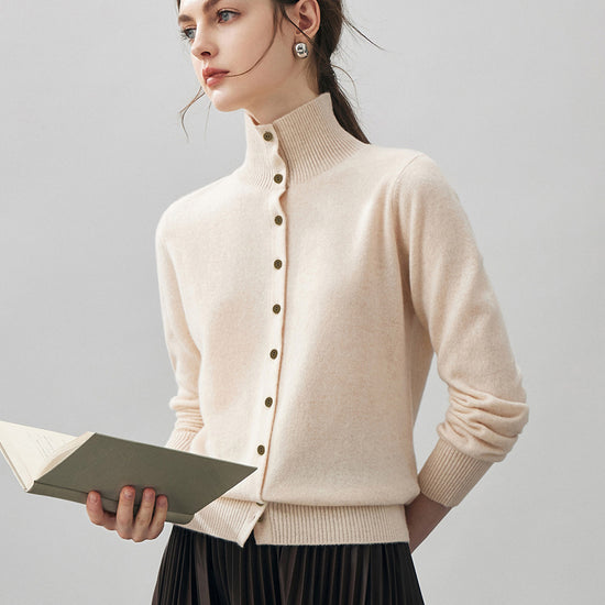 COMOBOCA 100% Cashmere Women's Turtleneck Button Front Knit Cardigan