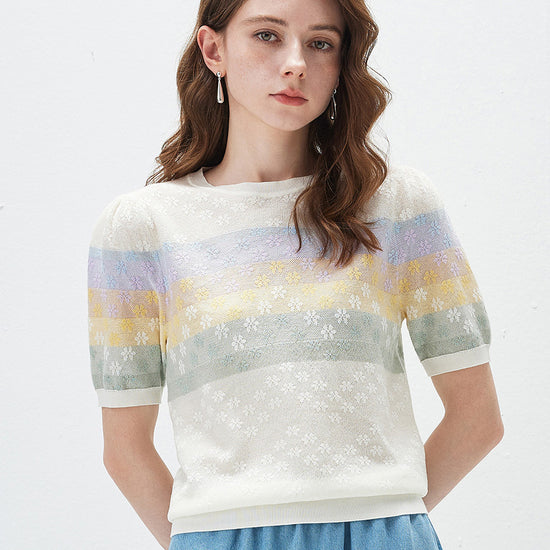 COMOBOCA Women's Rainbow Floral Semi Sheer Knit T-Shirt