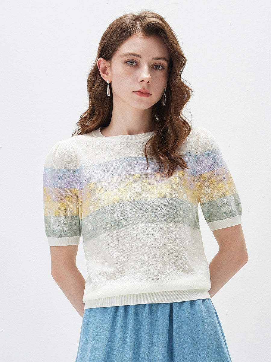 COMOBOCA Women's Rainbow Floral Semi Sheer Knit T-Shirt