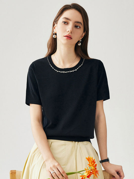 COMOBOCA Women's Cotton Silk Jeweled Neckline T-Shirt