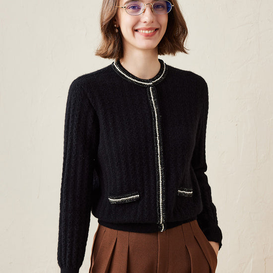 COMOBOCA Black 100% Cashmere Women's Pocket Faux Cardigan Sweater