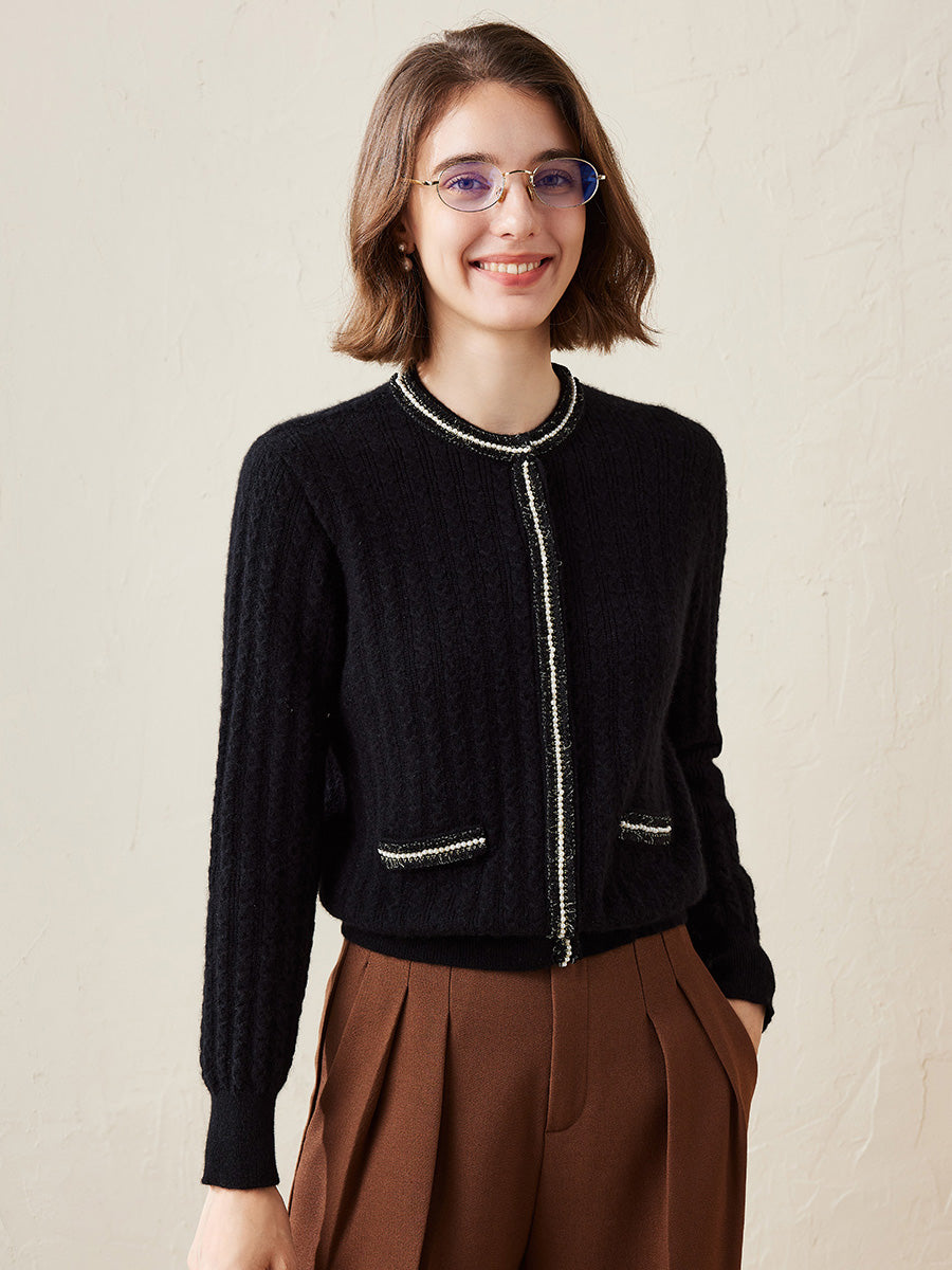 COMOBOCA Black 100% Cashmere Women's Pocket Faux Cardigan Sweater