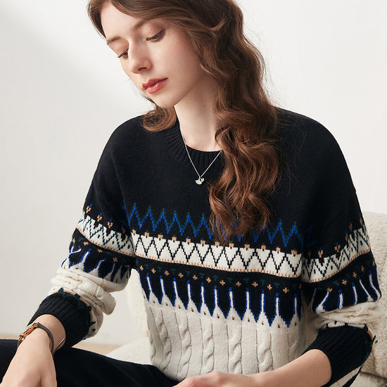 COMOBOCA 100% Wool Women's Nordic Pattern Cable Knit Sweater