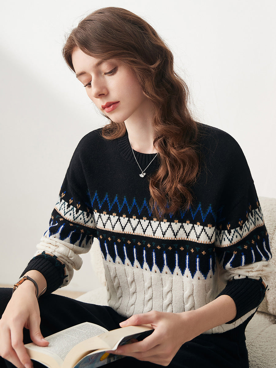 COMOBOCA 100% Wool Women's Nordic Pattern Cable Knit Sweater