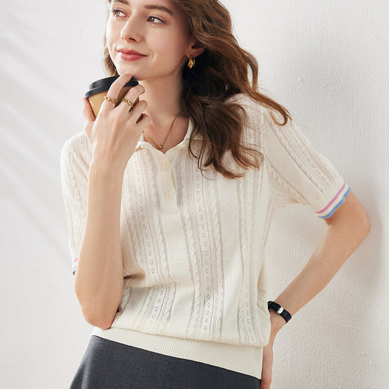 COMOBOCA Women's Cable Color Trimmed Knit Polo T-Shirt