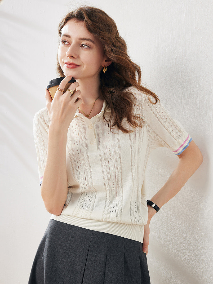 COMOBOCA Women's Cable Color Trimmed Knit Polo T-Shirt