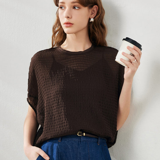 COMOBOCA Women's Crinkle Textured Blouse with Button Closure