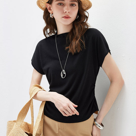 COMOBOCA Black Women's Side Ruched Mock Neck Knit T-Shirt