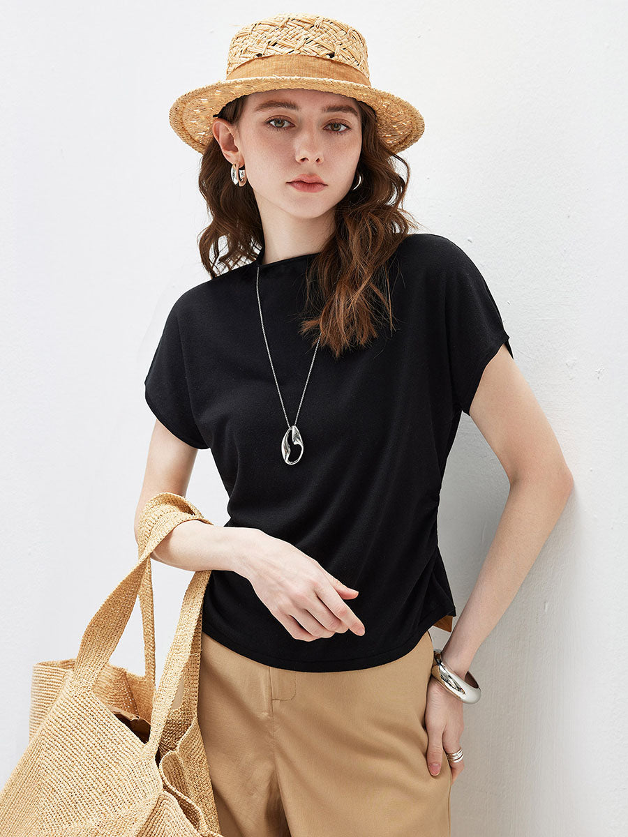 COMOBOCA Black Women's Side Ruched Mock Neck Knit T-Shirt