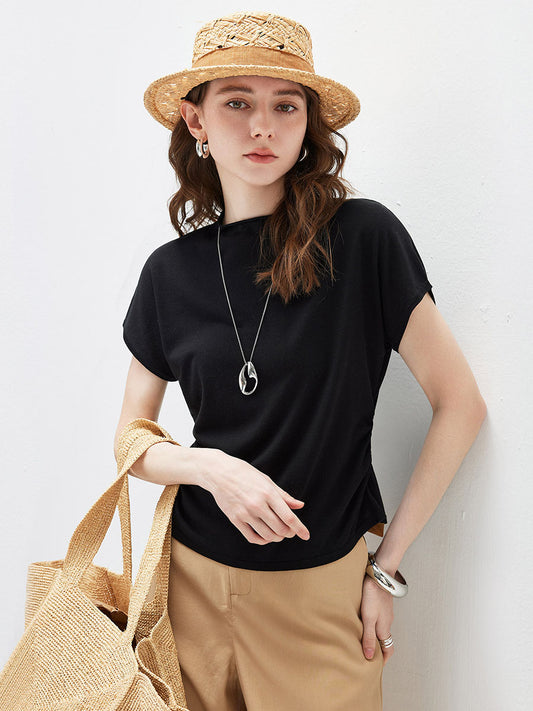COMOBOCA Black Women's Side Ruched Mock Neck Knit T-Shirt