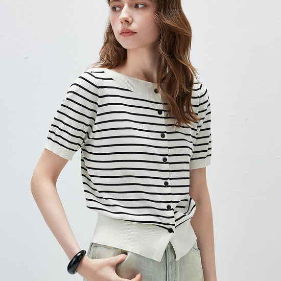 COMOBOCA Women's Striped Short Sleeve Knit Cardigan