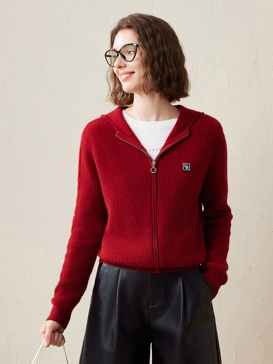 COMOBOCA Red 100% Cashmere Women's Ribbed Zip Knit Cardigan Hoodie