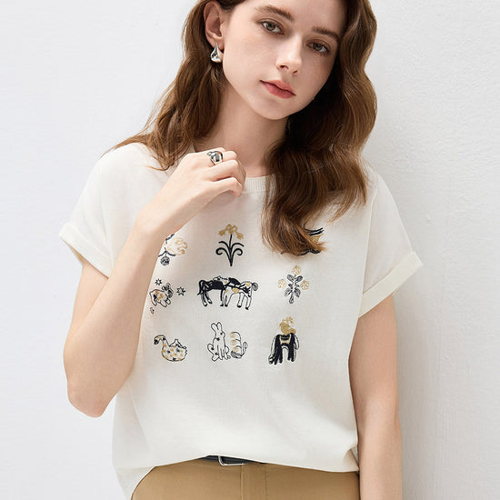 COMOBOCA Women's Embroidered Short Sleeve Knit Top