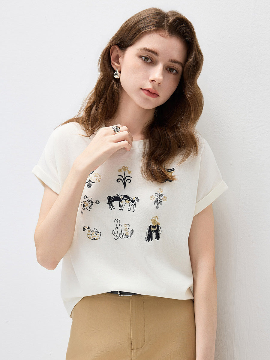 COMOBOCA Women's Embroidered Short Sleeve Knit Top
