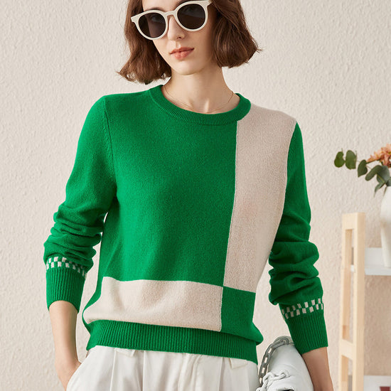 COMOBOCA GREEN 100% Cashmere Women's Round Neck Knit Sweater