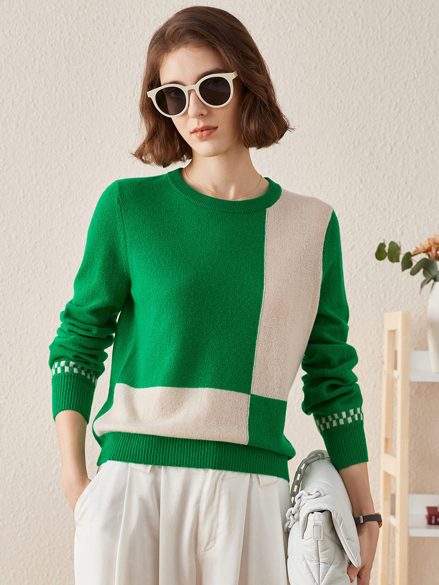 COMOBOCA GREEN 100% Cashmere Women's Round Neck Knit Sweater