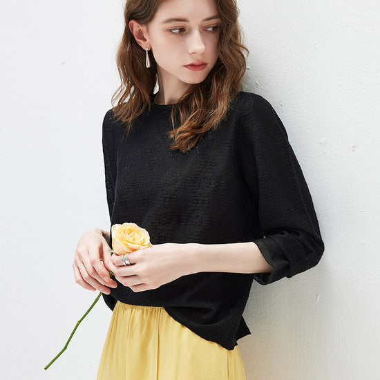 COMOBOCA Women's Textured Sheer Knit Round Neck Sweater