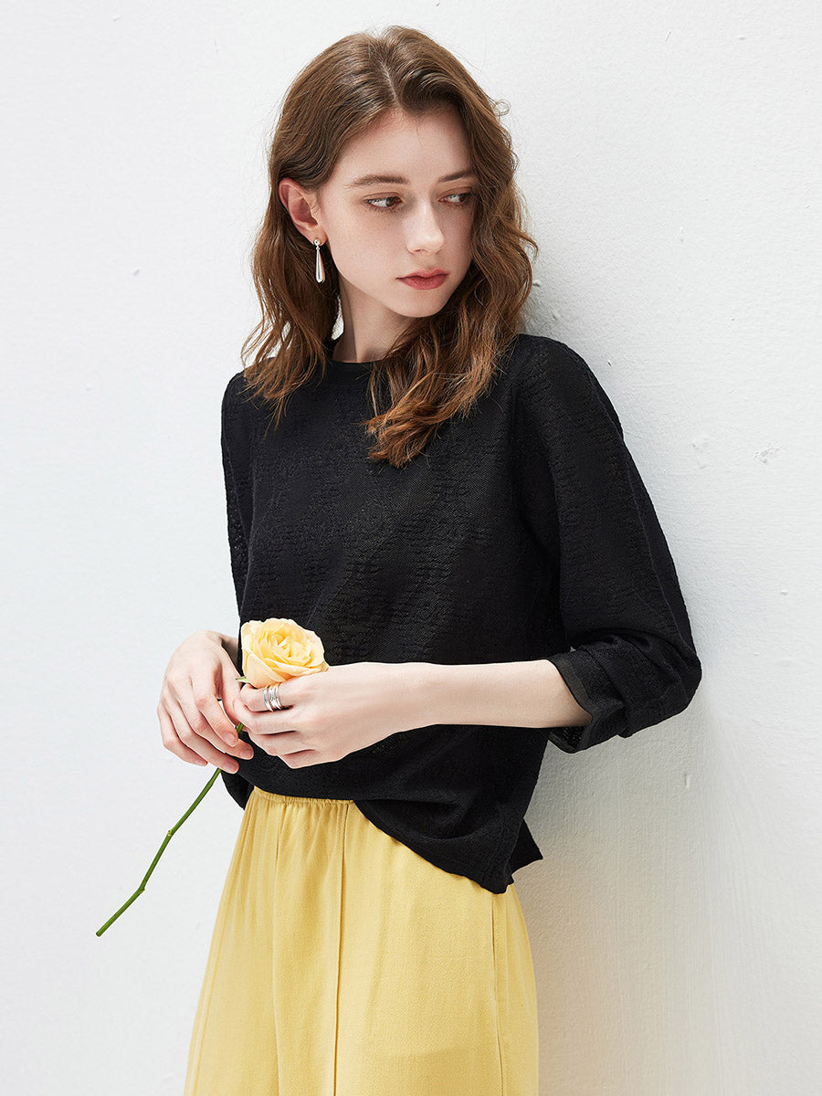 COMOBOCA Women's Textured Sheer Knit Round Neck Sweater