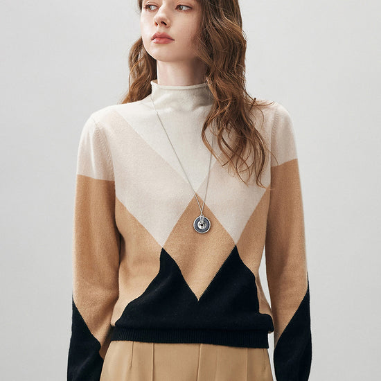 COMOBOCA 100% Cashmere Women's Turtleneck Geometric Ribbed Sweater