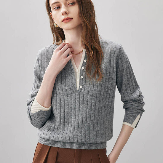 COMOBOCA 100% Wool Women's Ribbed Contrast Trim Sweater