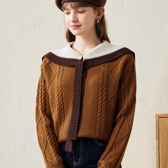 COMOBOCA Brown 100% Wool Women's Cable Knit Sweater with Bow Collar
