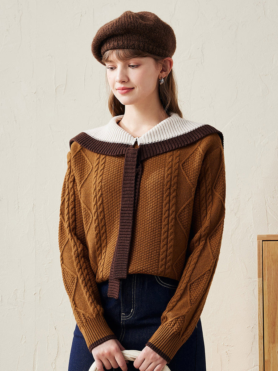 COMOBOCA Brown 100% Wool Women's Cable Knit Sweater with Bow Collar