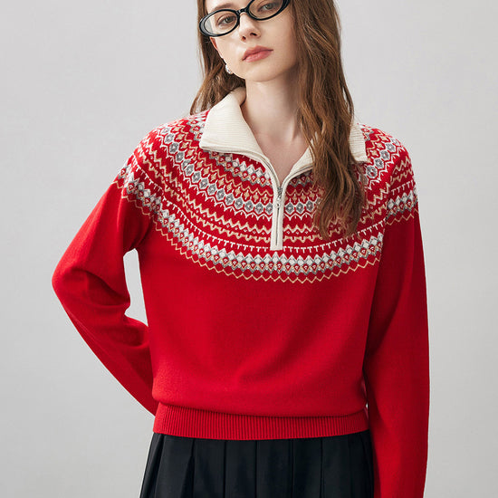 COMOBOCA Red 100% Wool Women's Fair Isle Zip Up Sweater