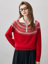 COMOBOCA Red 100% Wool Women's Fair Isle Zip Up Sweater